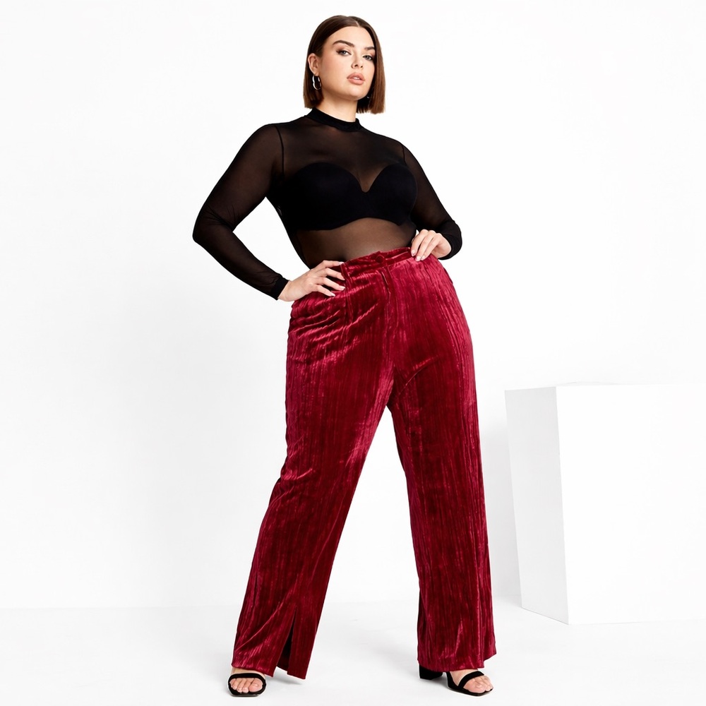 City Chic Pants 16 Crushed Velvet Velour Elastic High Waist Stretch Front Slit‎
